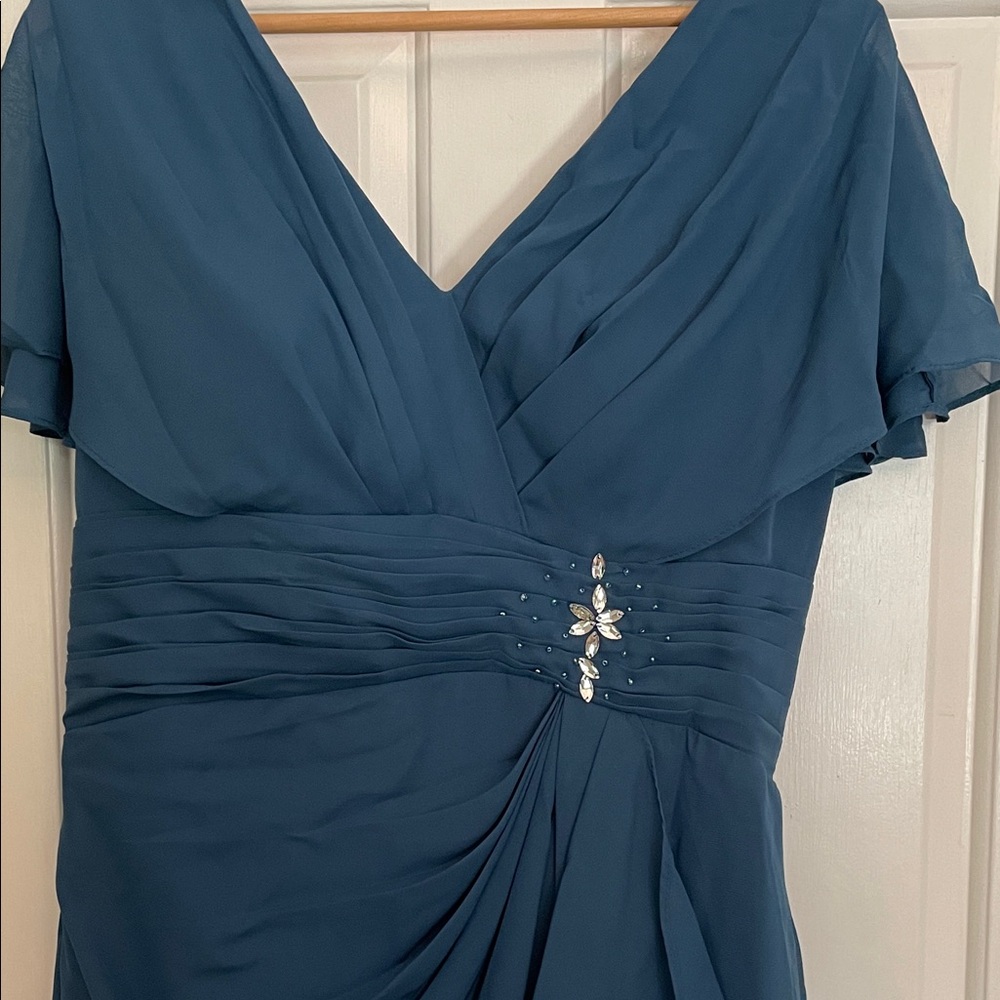 Teal V-Neck Ruched bridesmaid Dress knee Side Ruffle flutter sleeve lined bling